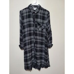 BLL nyc Shirt Dress Women Large Black White Plaid Rayon Button Down